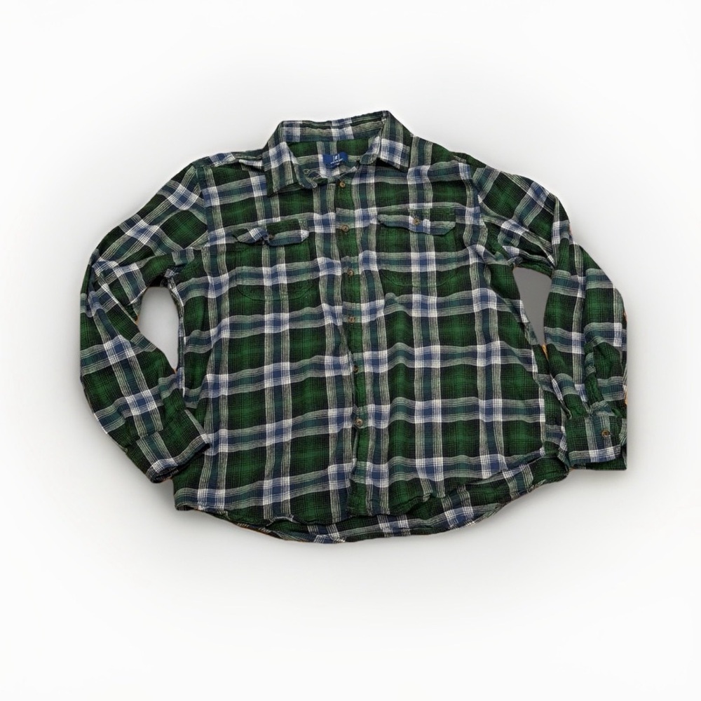 George Men's L Green Navy‎ Plaid Flannel Shirt Christmas Holiday Soft Casual Top